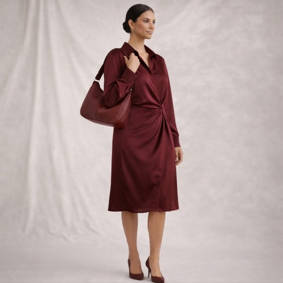 Astr The Label | Satin Wrap Shirt Dress Burgundy NWT - Picture 6 of 11